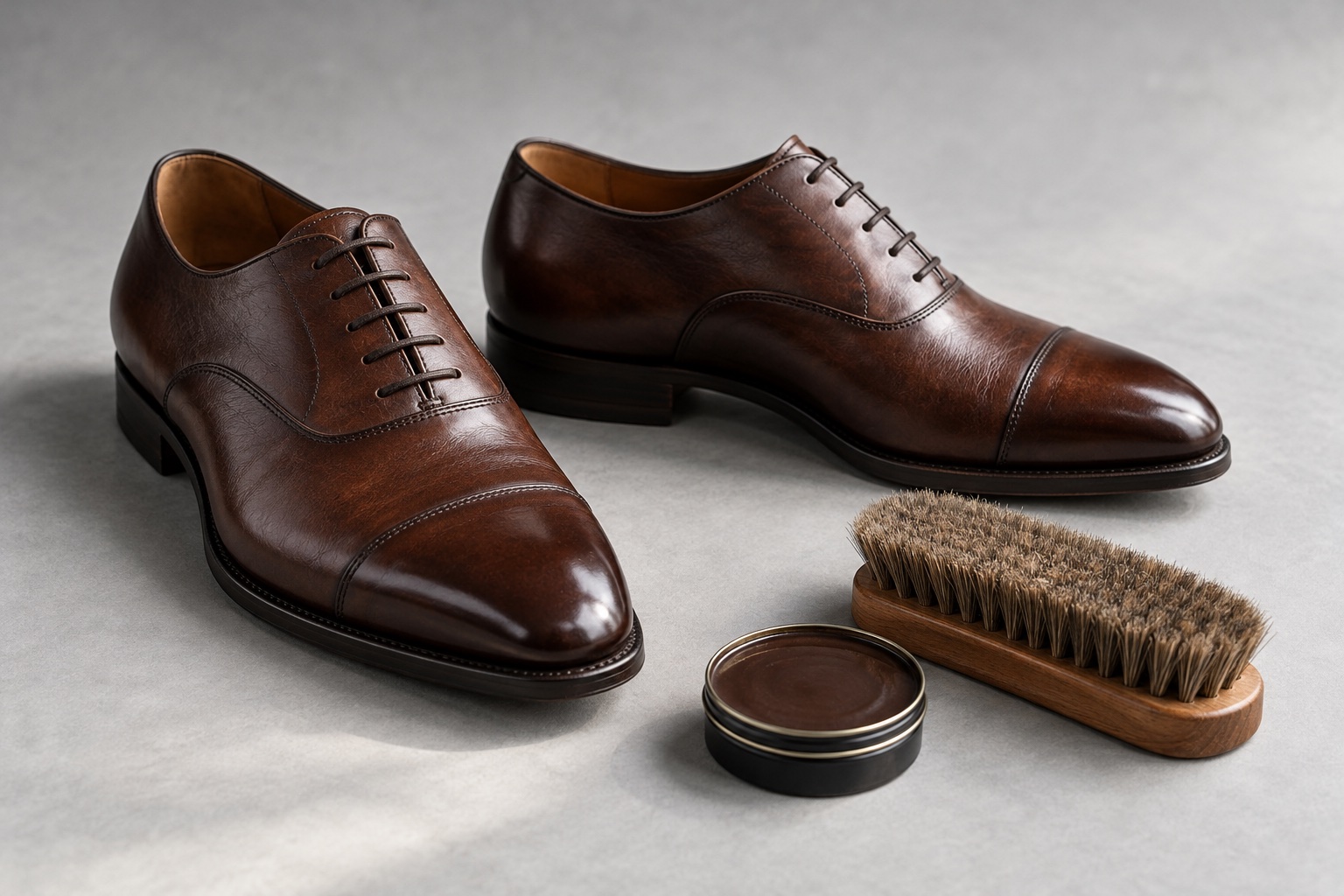 Illustrative studio still life of brown leather shoes, brush and polish; not client work